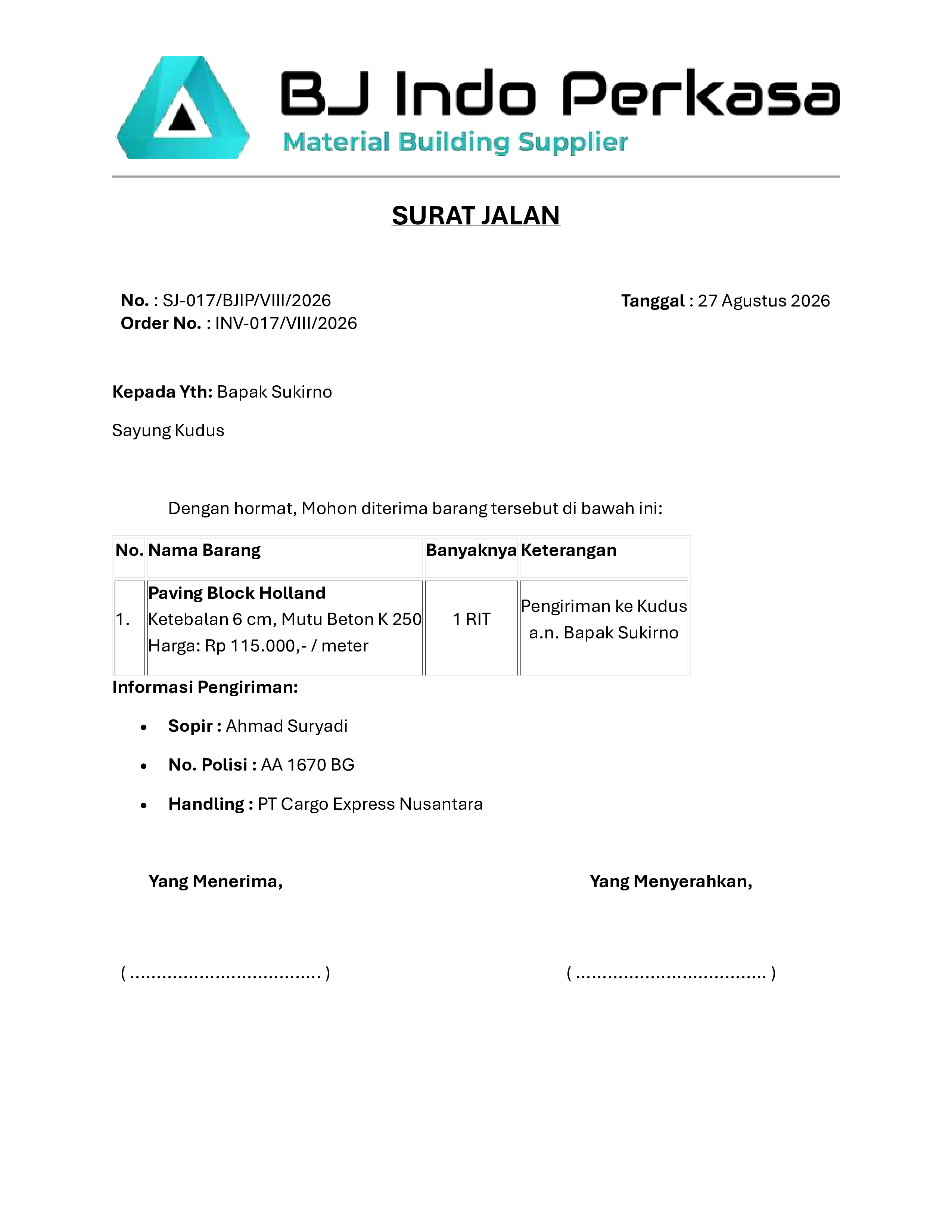 Surat Jalan dan Bukti Pengiriman Material ke Cilacap